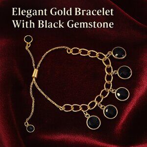 Elegant Gold & Black Charm Bracelet – Adjustable Chain, Dainty Women's Jewelry